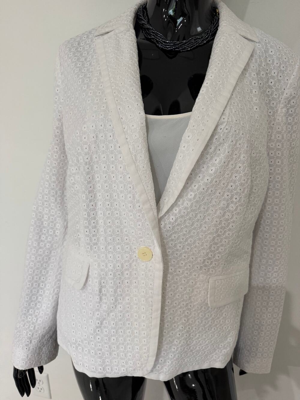Liz Claiborne White Eyelet Cotton Blazer Women’s L Embroidered Summer Jacket